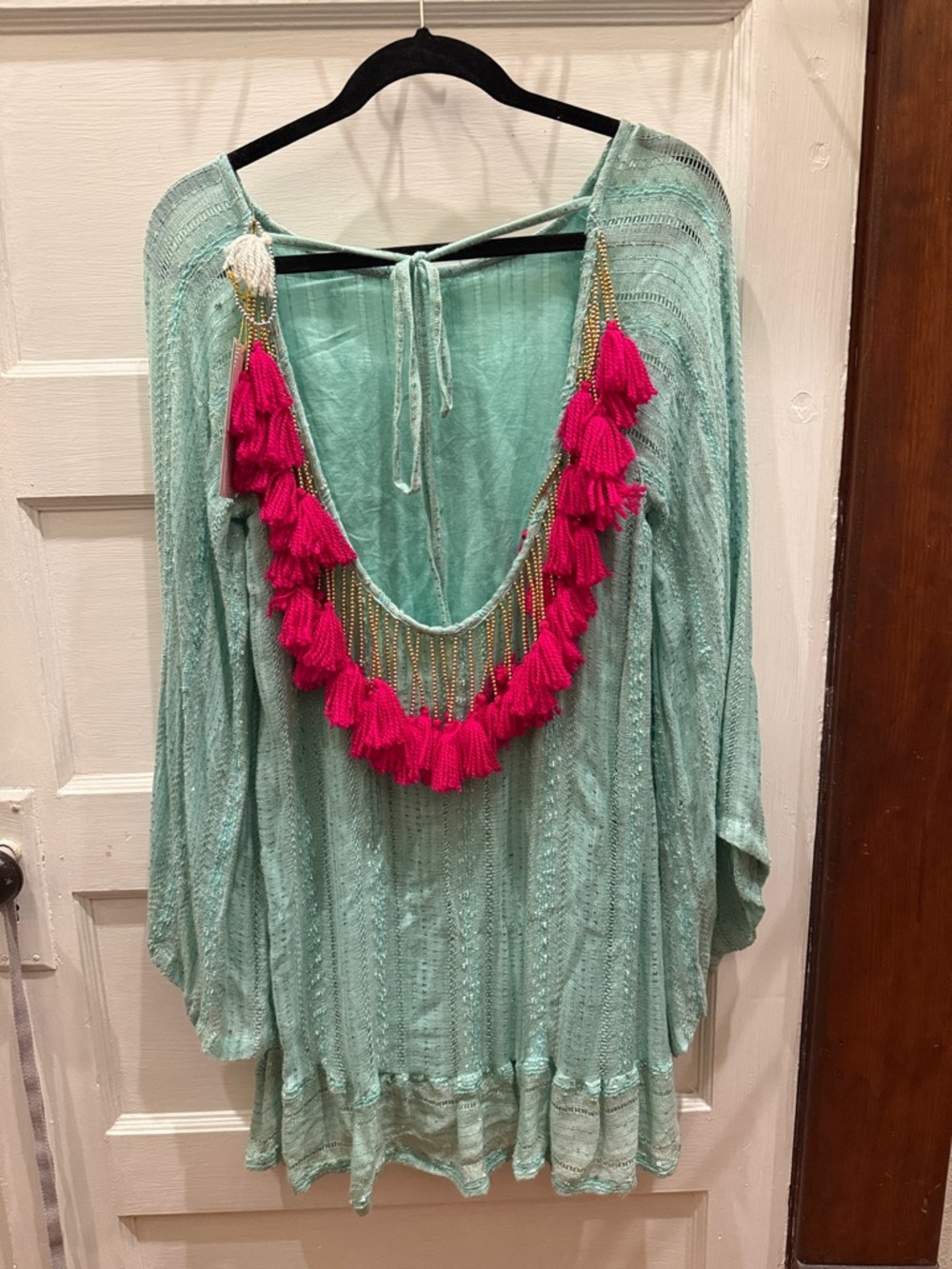 Boho Mint Knit Top with Pink Tassel Detail